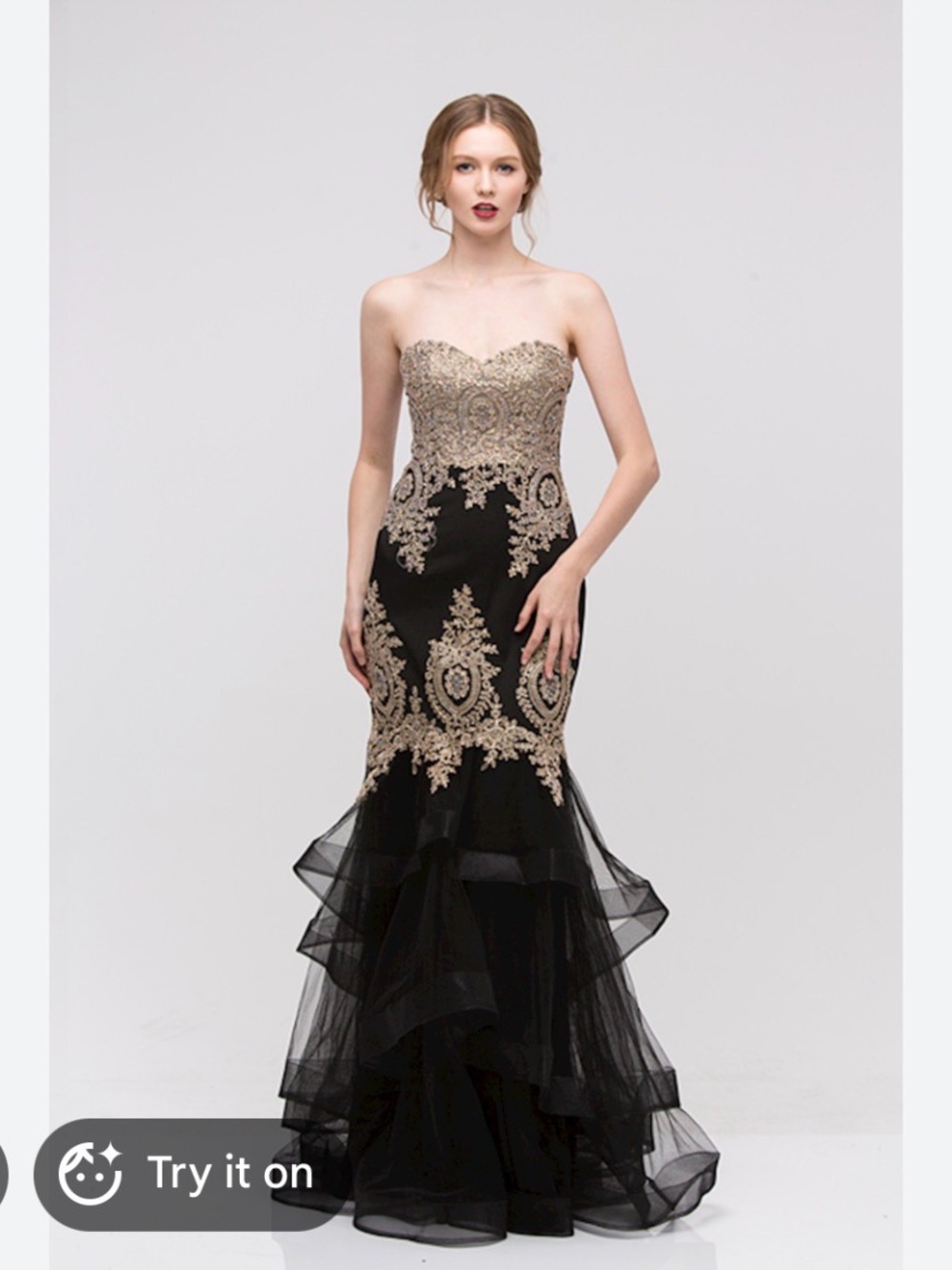 Black and Gold Lace Appliqué strapless Formal Dress